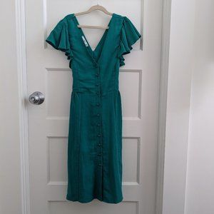 Mango Teal V-Neck Button-Front Midi Dress with Ruffled Sleeves